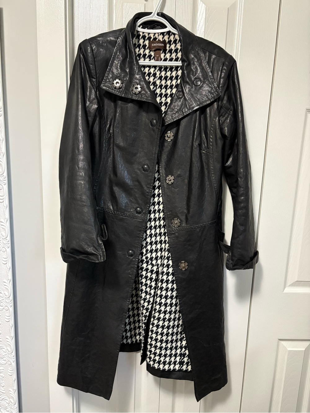 Danier Black Leather Trench Coat with Houndstooth Lining